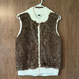 Kim Rogers Cream Knit Sweater Vest With Brown Faux Fur Front